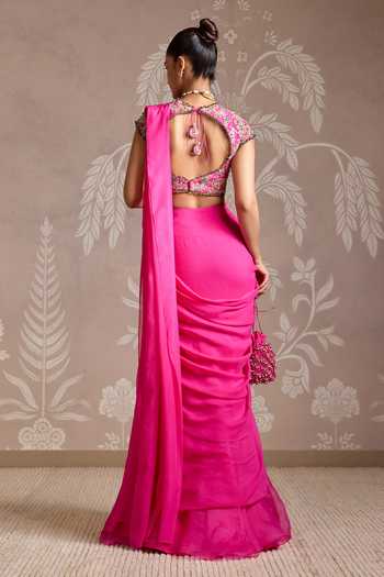 Shop_Ridhi Mehra_Pink Organza, Chiffon, Net Embroidery, Twined Pre-draped Saree With Blouse _at_Aza_Fashions