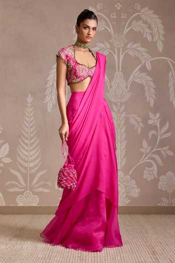 Buy_Ridhi Mehra_Pink Organza, Chiffon, Net Embroidery, Twined Pre-draped Saree With Blouse _Online_at_Aza_Fashions