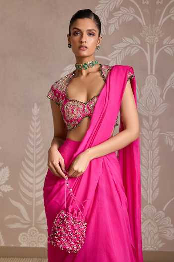 Shop_Ridhi Mehra_Pink Organza, Chiffon, Net Embroidery, Twined Pre-draped Saree With Blouse _Online_at_Aza_Fashions