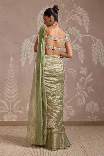 Shop_Ridhi Mehra_Green Tissue Beads, Pearls, Zari Sweetheart Loom Pre-draped Saree With Blouse _at_Aza_Fashions
