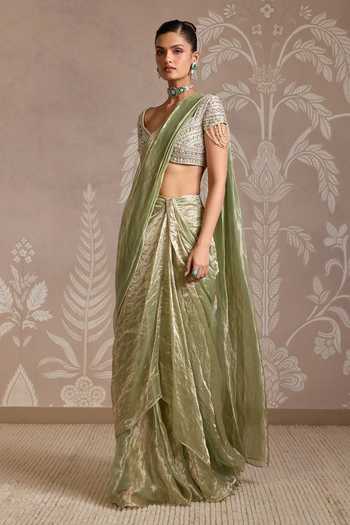Ridhi Mehra_Green Tissue Beads, Pearls, Zari Sweetheart Loom Pre-draped Saree With Blouse _Online_at_Aza_Fashions