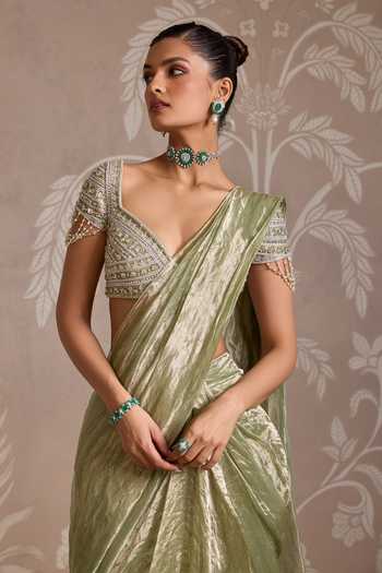 Buy_Ridhi Mehra_Green Tissue Beads, Pearls, Zari Sweetheart Loom Pre-draped Saree With Blouse _Online_at_Aza_Fashions