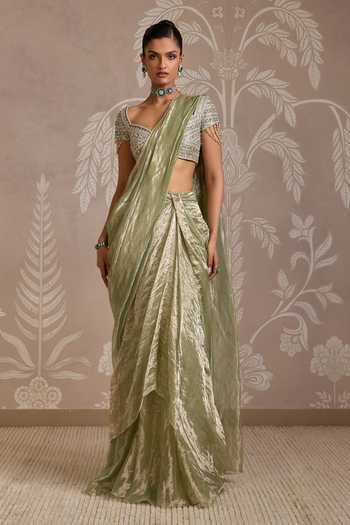 Buy_Ridhi Mehra_Green Tissue Beads, Pearls, Zari Sweetheart Loom Pre-draped Saree With Blouse _at_Aza_Fashions
