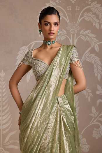 Shop_Ridhi Mehra_Green Tissue Beads, Pearls, Zari Sweetheart Loom Pre-draped Saree With Blouse _Online_at_Aza_Fashions