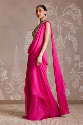 Ridhi Mehra_Fuchsia Chiffon, Net Embroidery, Sequins, Knotted Pre-draped Saree With Blouse _Online_at_Aza_Fashions