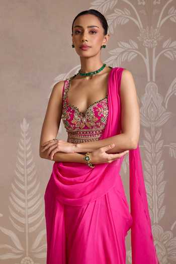 Buy_Ridhi Mehra_Fuchsia Chiffon, Net Embroidery, Sequins, Knotted Pre-draped Saree With Blouse _Online_at_Aza_Fashions