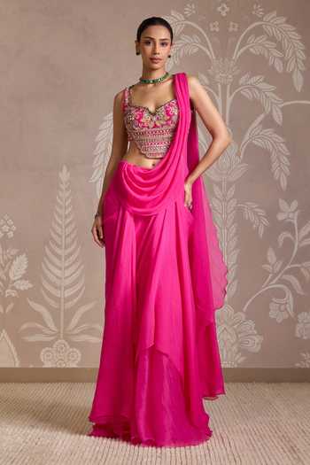 Buy_Ridhi Mehra_Fuchsia Chiffon, Net Embroidery, Sequins, Knotted Pre-draped Saree With Blouse _at_Aza_Fashions