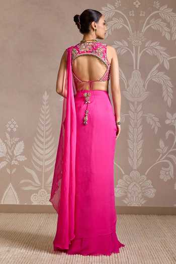Shop_Ridhi Mehra_Fuchsia Chiffon, Net Embroidery, Sequins, Knotted Pre-draped Saree With Blouse _at_Aza_Fashions
