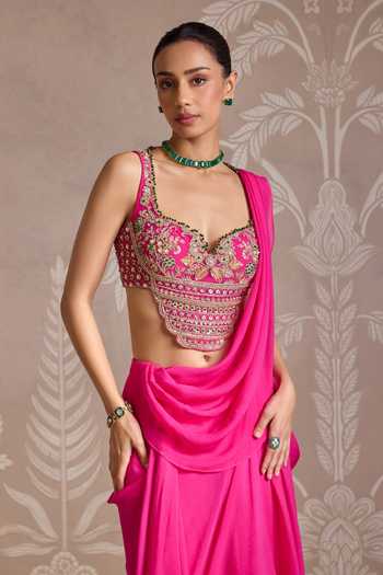 Shop_Ridhi Mehra_Fuchsia Chiffon, Net Embroidery, Sequins, Knotted Pre-draped Saree With Blouse _Online_at_Aza_Fashions