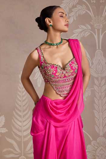 Ridhi Mehra_Fuchsia Chiffon, Net Embroidery, Sequins, Knotted Pre-draped Saree With Blouse _at_Aza_Fashions