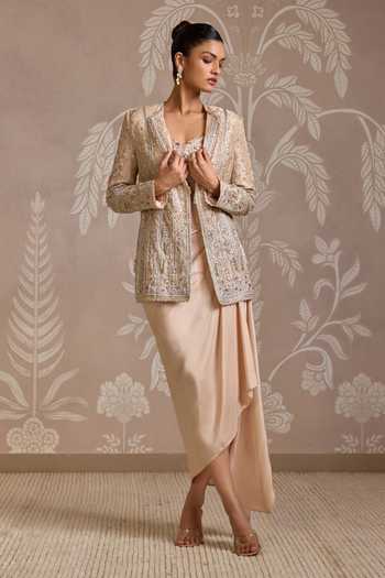 Buy_Ridhi Mehra_Beige Tissue, Silk Embroidery, Sequins, Stones Open Neck, Loop Jacket Skirt Set _at_Aza_Fashions