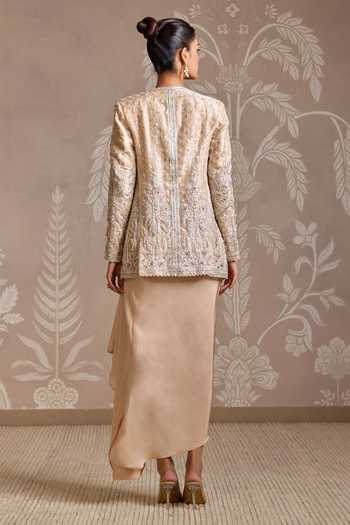 Shop_Ridhi Mehra_Beige Tissue, Silk Embroidery, Sequins, Stones Open Neck, Loop Jacket Skirt Set _at_Aza_Fashions