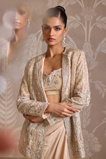 Buy_Ridhi Mehra_Beige Tissue, Silk Embroidery, Sequins, Stones Open Neck, Loop Jacket Skirt Set _Online_at_Aza_Fashions