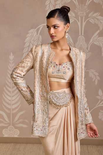 Shop_Ridhi Mehra_Beige Tissue, Silk Embroidery, Sequins, Stones Open Neck, Loop Jacket Skirt Set _Online_at_Aza_Fashions