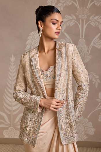 Ridhi Mehra_Beige Tissue, Silk Embroidery, Sequins, Stones Open Neck, Loop Jacket Skirt Set _at_Aza_Fashions