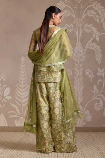 Shop_Ridhi Mehra_Green Organza, Silk, Net Embroidery Round Neck Wisp Jacket And Kurta Set _at_Aza_Fashions