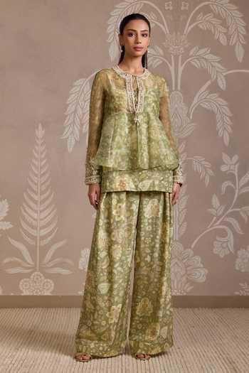 Ridhi Mehra_Green Organza, Silk, Net Embroidery Round Neck Wisp Jacket And Kurta Set _Online_at_Aza_Fashions