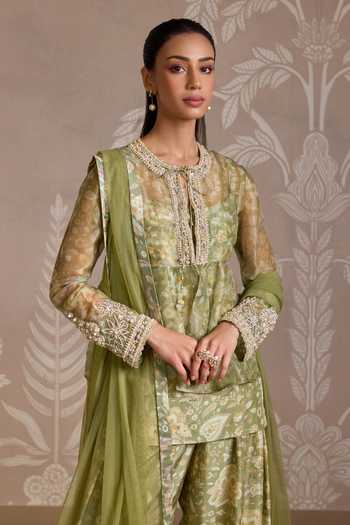 Buy_Ridhi Mehra_Green Organza, Silk, Net Embroidery Round Neck Wisp Jacket And Kurta Set _Online_at_Aza_Fashions