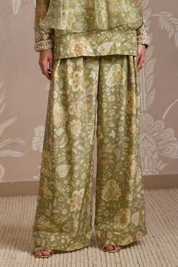 Shop_Ridhi Mehra_Green Organza, Silk, Net Embroidery Round Neck Wisp Jacket And Kurta Set _Online_at_Aza_Fashions