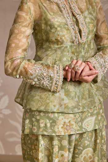 Ridhi Mehra_Green Organza, Silk, Net Embroidery Round Neck Wisp Jacket And Kurta Set _at_Aza_Fashions