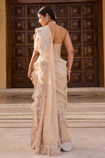 Shop_Ridhi Mehra_Gold Tissue Embroidery Halo Skirt Saree With Blouse _at_Aza_Fashions