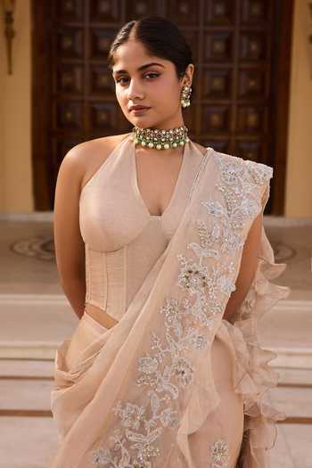 Ridhi Mehra_Gold Tissue Embroidery Halo Skirt Saree With Blouse _Online_at_Aza_Fashions