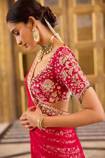 Buy_Ridhi Mehra_Red Silk, Net Embroidery, Zari V-neck Bloom Skirt Saree With Blouse _Online_at_Aza_Fashions