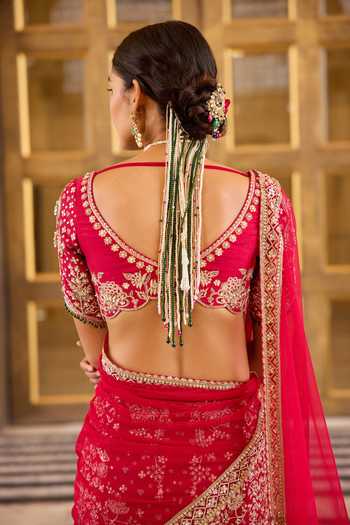 Shop_Ridhi Mehra_Red Silk, Net Embroidery, Zari V-neck Bloom Skirt Saree With Blouse _Online_at_Aza_Fashions