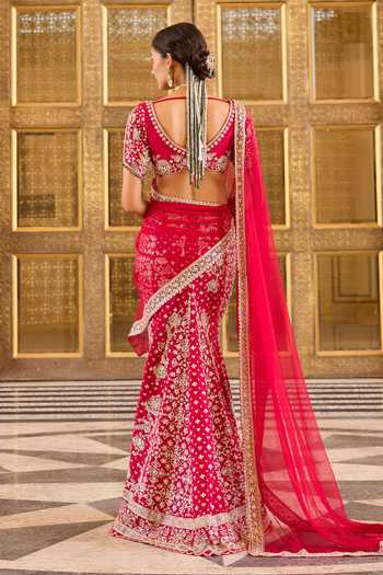 Shop_Ridhi Mehra_Red Silk, Net Embroidery, Zari V-neck Bloom Skirt Saree With Blouse _at_Aza_Fashions