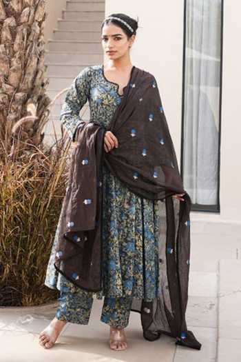 Buy_Gulabo Jaipur_Blue Cotton, Cambric Embroidery Notched Neck Arwa Floral Print Anarkali Pant Set _at_Aza_Fashions