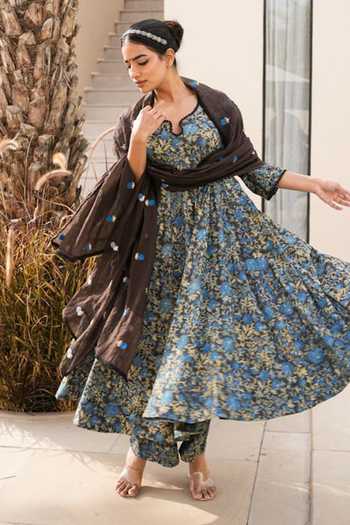 Gulabo Jaipur_Blue Cotton, Cambric Embroidery Notched Neck Arwa Floral Print Anarkali Pant Set _at_Aza_Fashions