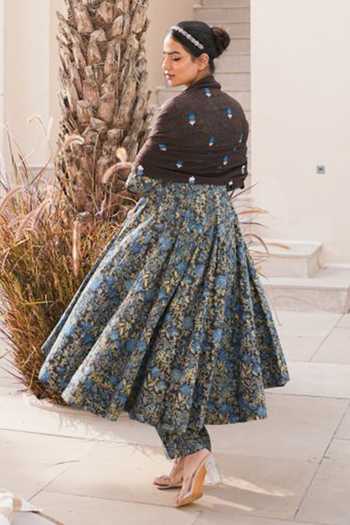 Shop_Gulabo Jaipur_Blue Cotton, Cambric Embroidery Notched Neck Arwa Floral Print Anarkali Pant Set _at_Aza_Fashions