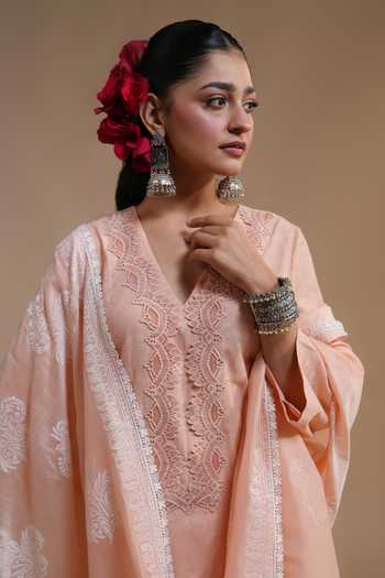 LAHARIO_Peach Linen Lace V-neck Chameli Block Print Kurta Set _Online_at_Aza_Fashions
