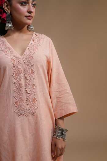 Shop_LAHARIO_Peach Linen Lace V-neck Chameli Block Print Kurta Set _Online_at_Aza_Fashions