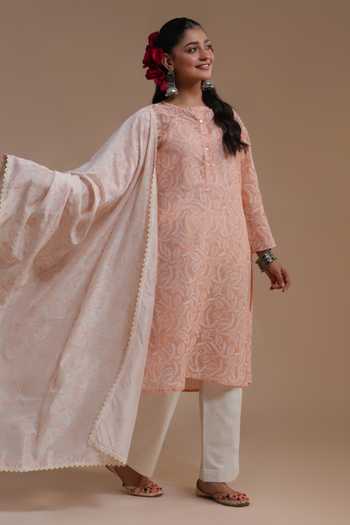 Buy_LAHARIO_Peach Linen Split V-neck Champa Block Print Kurta Set _Online_at_Aza_Fashions