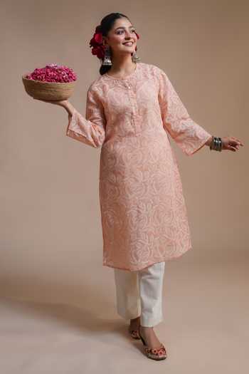 Shop_LAHARIO_Peach Linen Split V-neck Champa Block Print Kurta Set _Online_at_Aza_Fashions