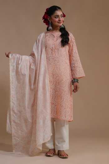 Buy_LAHARIO_Peach Linen Split V-neck Champa Block Print Kurta Set _at_Aza_Fashions