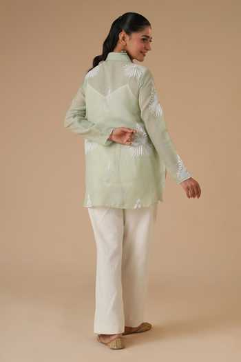 Shop_LAHARIO_Green Linen Collared Bela Printed Kurta And Pant Set _at_Aza_Fashions