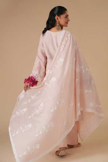 Shop_LAHARIO_Peach Linen V-neck Lily Block Print Kurta Set _at_Aza_Fashions