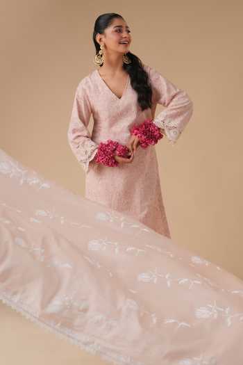 LAHARIO_Peach Linen V-neck Lily Block Print Kurta Set _Online_at_Aza_Fashions