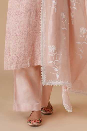 Buy_LAHARIO_Peach Linen V-neck Lily Block Print Kurta Set _Online_at_Aza_Fashions