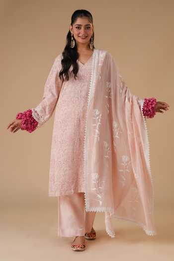 Shop_LAHARIO_Peach Linen V-neck Lily Block Print Kurta Set _Online_at_Aza_Fashions