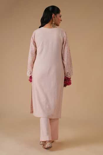 LAHARIO_Peach Linen V-neck Lily Block Print Kurta Set _at_Aza_Fashions