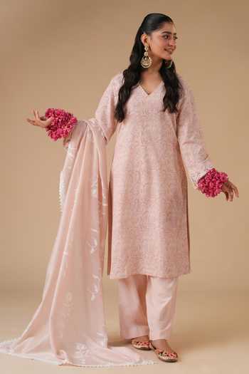 Buy_LAHARIO_Peach Linen V-neck Lily Block Print Kurta Set _at_Aza_Fashions