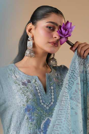 LAHARIO_Blue Linen Embroidery Split V-neck, Yes Neel Kamal Printed Kurta Set _Online_at_Aza_Fashions