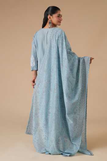 Shop_LAHARIO_Blue Linen Embroidery Split V-neck, Yes Neel Kamal Printed Kurta Set _at_Aza_Fashions