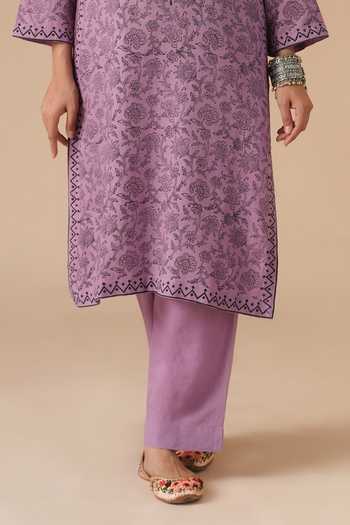 LAHARIO_Purple Linen Embroidery, Printed V-neck, Yes Kurta Set _Online_at_Aza_Fashions