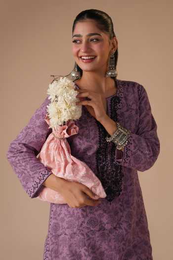Buy_LAHARIO_Purple Linen Embroidery, Printed V-neck, Yes Kurta Set _Online_at_Aza_Fashions