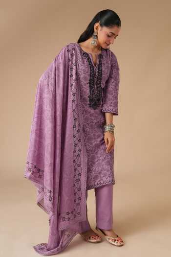Shop_LAHARIO_Purple Linen Embroidery, Printed V-neck, Yes Kurta Set _Online_at_Aza_Fashions