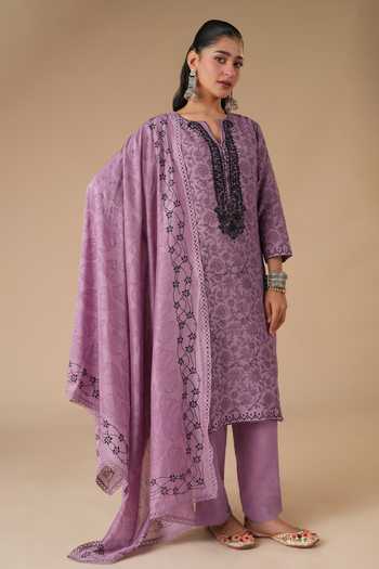 Buy_LAHARIO_Purple Linen Embroidery, Printed V-neck, Yes Kurta Set _at_Aza_Fashions